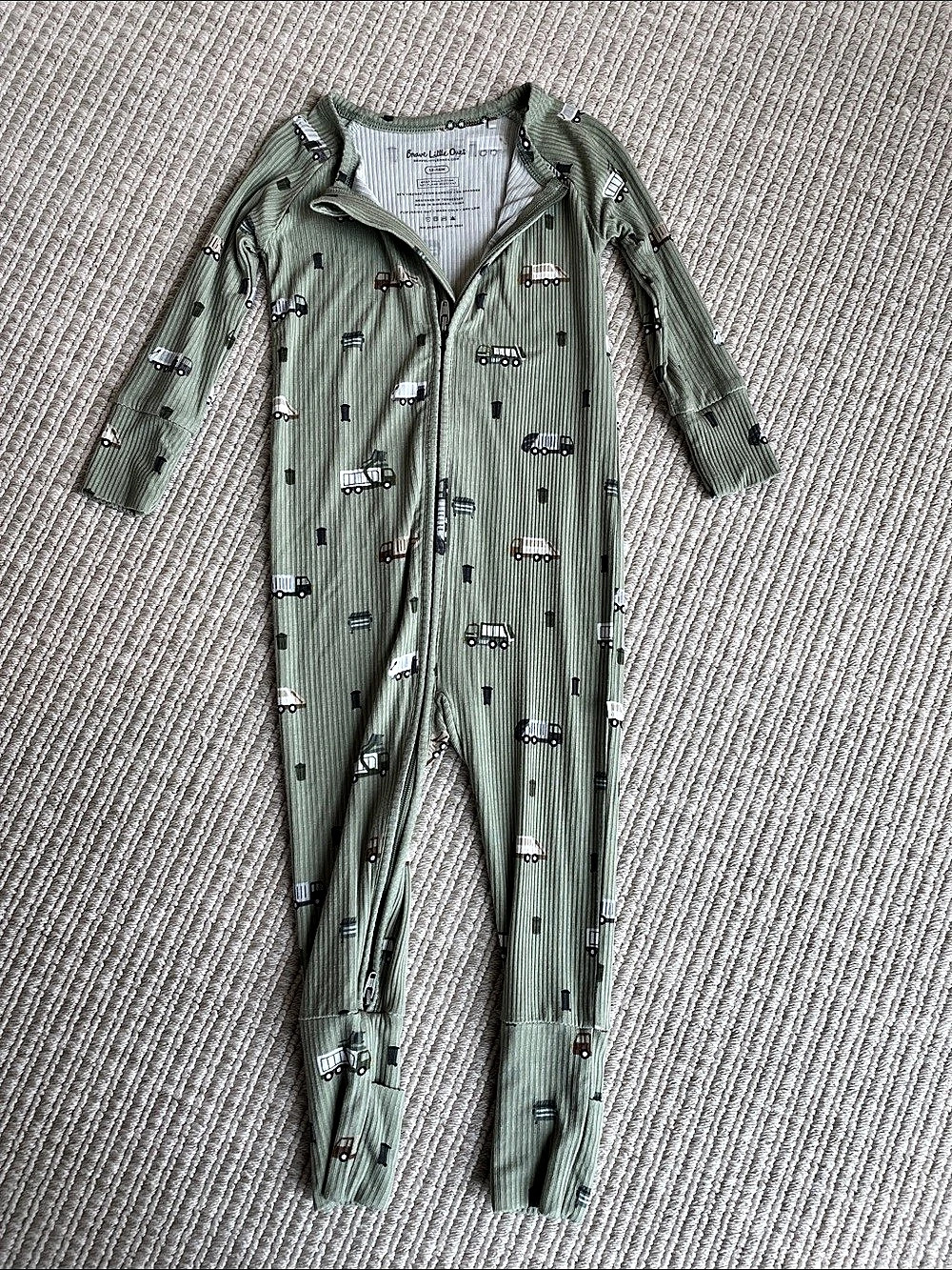 Brave Little Ones Trash Trucks Small Ribbed Zip Romper Ribbed Zip Romper Green